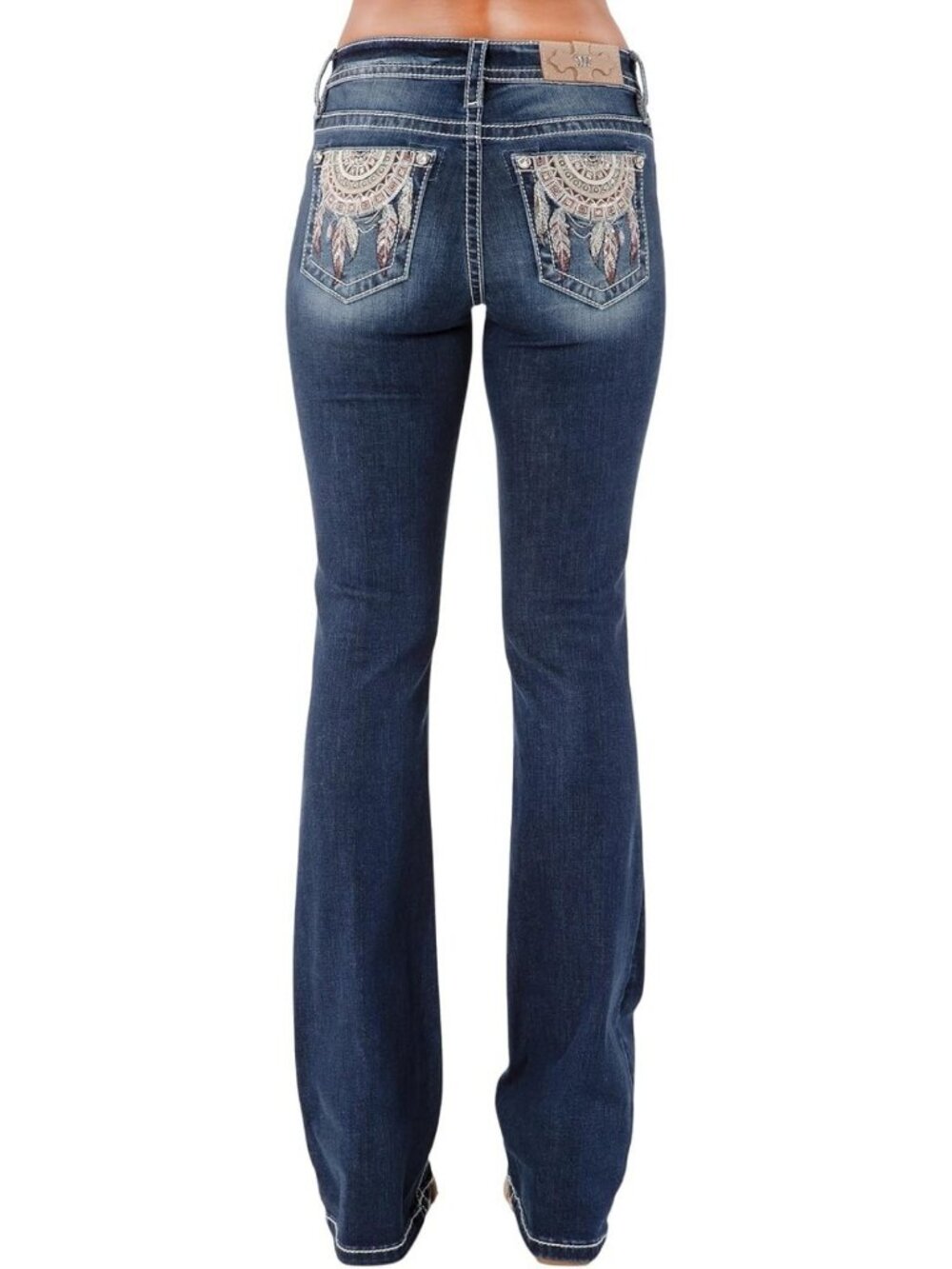 Jeweled Dreamcatcher Bootcut Jeans with Embellished Pockets, Mid-Rise Fit
